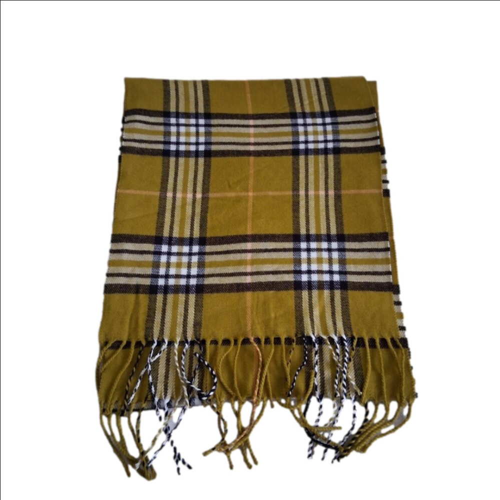 Italy Design Women's Chartreuse Olive Green Plaid Cashmere Blend Fringe Scarf - Picture 2 of 5